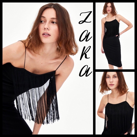 black fringed spaghetti strap dress